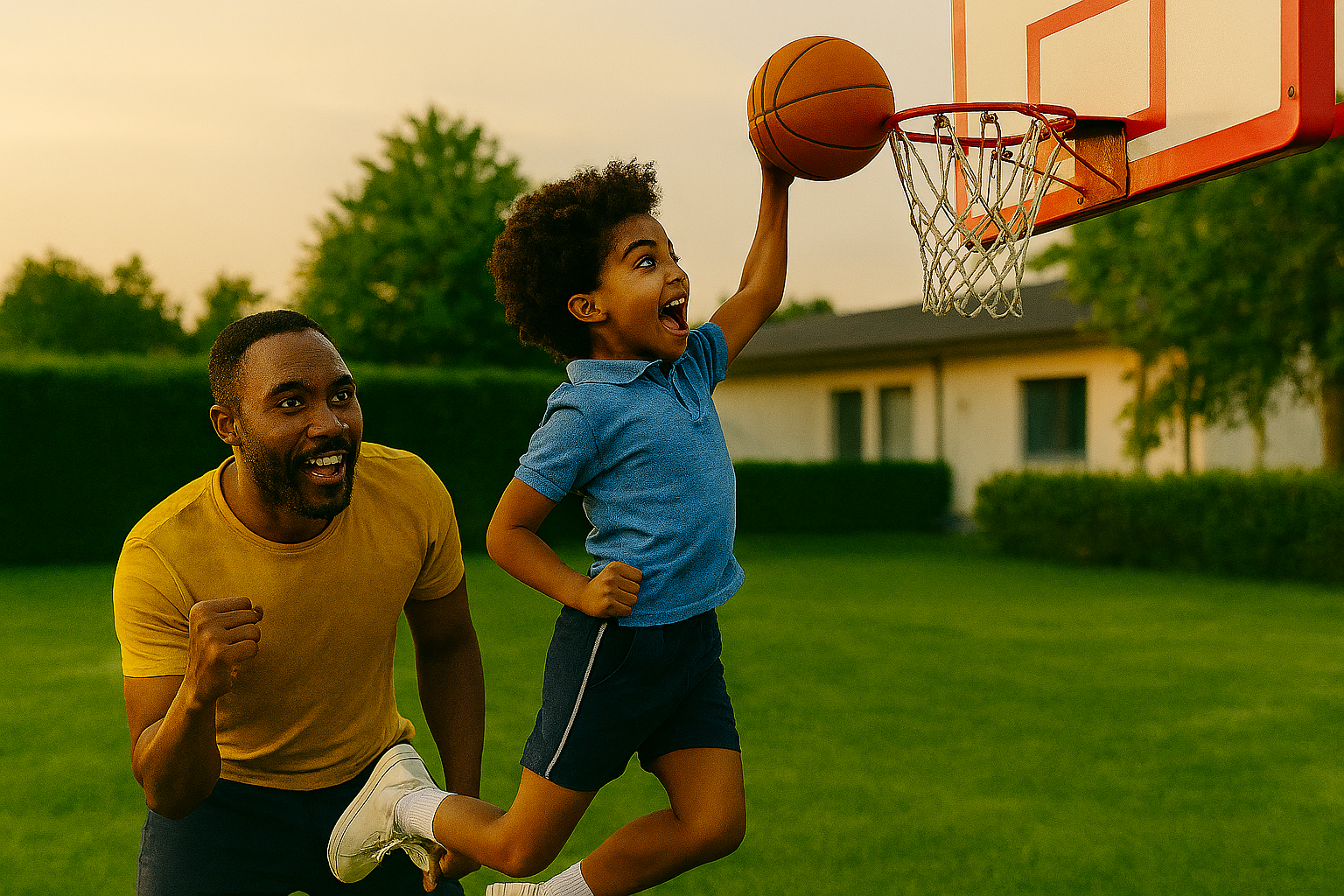 A little boy attempting the tomahawk slam at the backyard with his father cheering him on