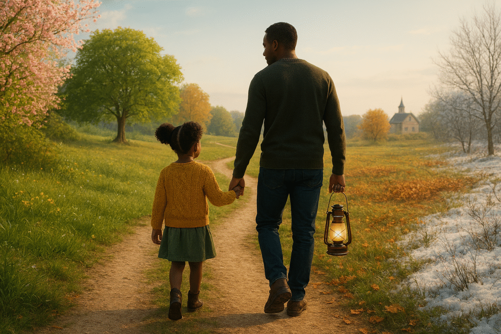 Father walking hand-in-hand with his child along a winding path that stretches through changing landscapes