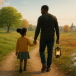 Father walking hand-in-hand with his child along a winding path that stretches through changing landscapes