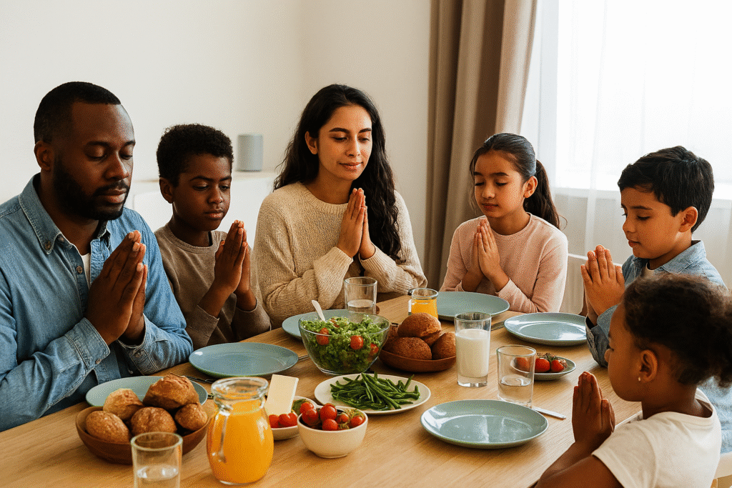 A family sitting round the table and praying before eating