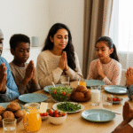 A family sitting round the table and praying before eating