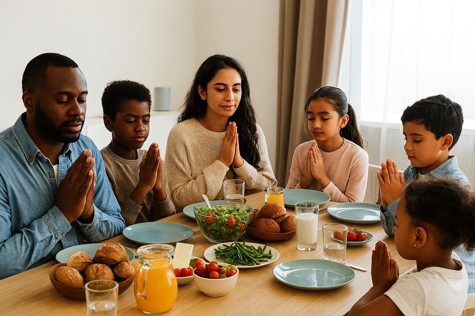 A family sitting round the table and praying before eating
