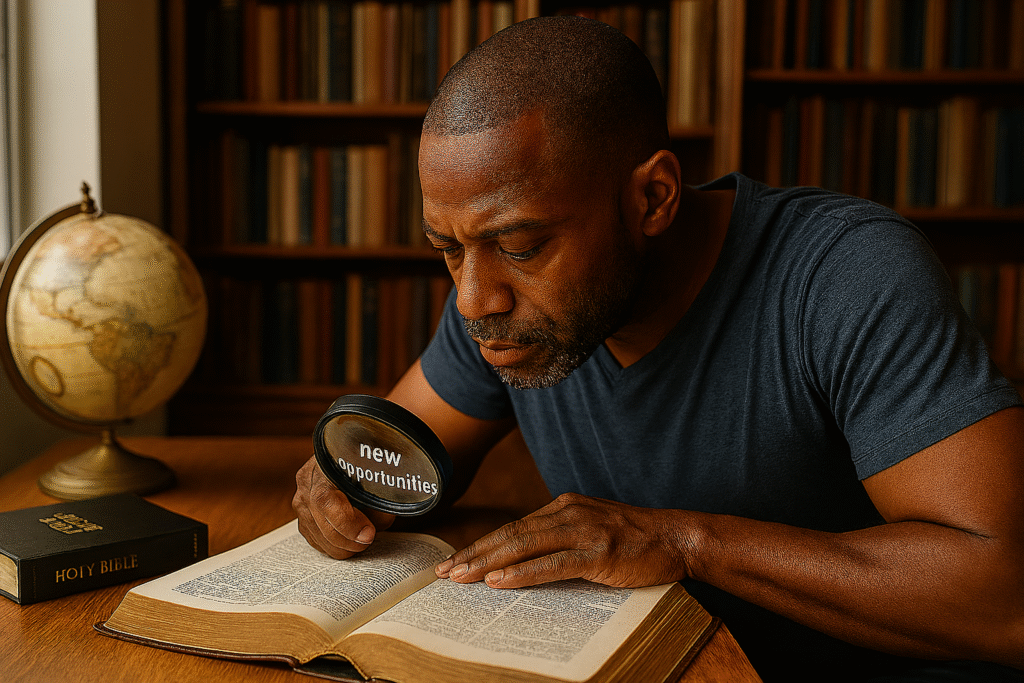 A man actively searching through a book with a magnifying glass, seeking new opportunities