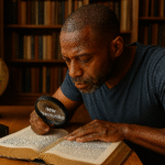A man actively searching through a book with a magnifying glass, seeking new opportunities