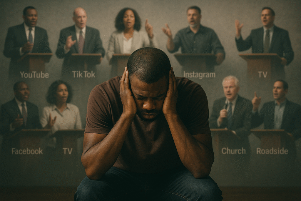 A photograph of a man sitting on a chair with his head bowed and his hands covering his ears in frustration. Behind him, multiple faded images of preachers of different races, genders, and denominations appear as if floating, each with labels such as YouTube, TikTok, Instagram, Facebook, TV, Radio, Church, and Roadside, symbolising overwhelming spiritual noise.