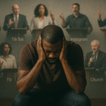 A photograph of a man sitting on a chair with his head bowed and his hands covering his ears in frustration. Behind him, multiple faded images of preachers of different races, genders, and denominations appear as if floating, each with labels such as YouTube, TikTok, Instagram, Facebook, TV, Radio, Church, and Roadside, symbolising overwhelming spiritual noise.
