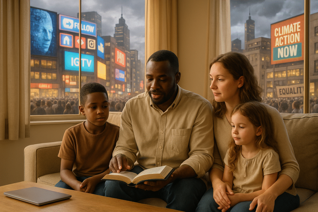 A family guided by the Word of God and staying calm indoors amidst boisterous tumult outside