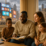 A family guided by the Word of God and staying calm indoors amidst boisterous tumult outside