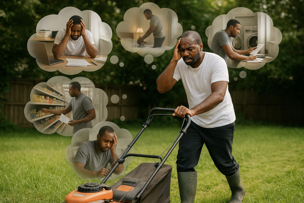 A man mowing his lawn but looking distracted, tired and overwhelmed with his thoughts captured in several bubbles, showing everything he'd like to achieve same day