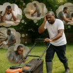 A man mowing his lawn but looking distracted, tired and overwhelmed with his thoughts captured in several bubbles, showing everything he'd like to achieve same day