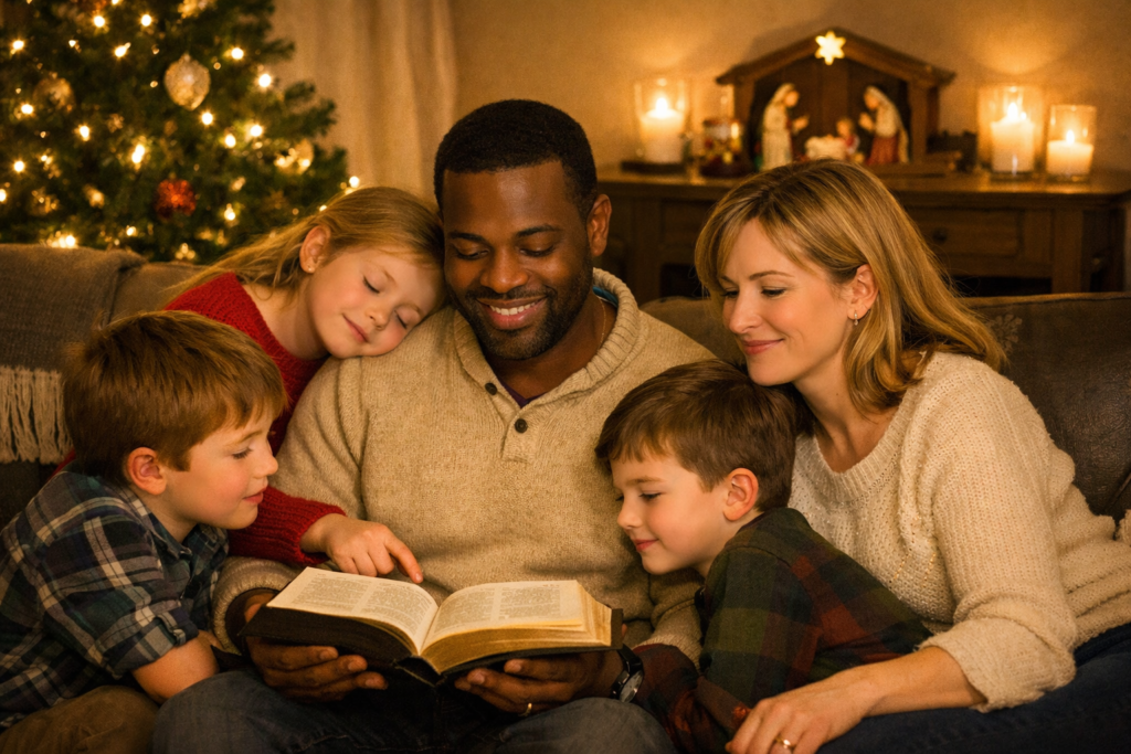 A father sits in a warmly lit living room with an open Bible on his lap, surrounded by his wife and children who listen attentively. A softly glowing Christmas tree stands nearby, and the family shares a quiet moment of reflection and togetherness.