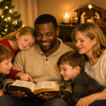 A father sits in a warmly lit living room with an open Bible on his lap, surrounded by his wife and children who listen attentively. A softly glowing Christmas tree stands nearby, and the family shares a quiet moment of reflection and togetherness.