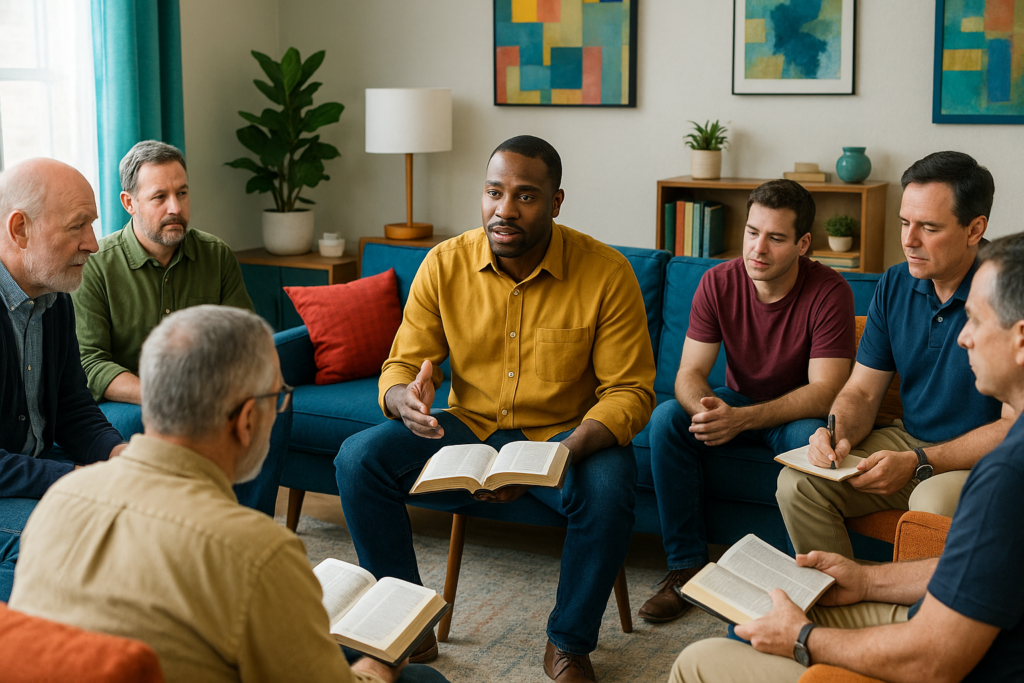 A group of Christian men sit in a modern living room, listening as the central speaker with an open Bible leads a reflective discussion.