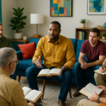 A group of Christian men sit in a modern living room, listening as the central speaker with an open Bible leads a reflective discussion.