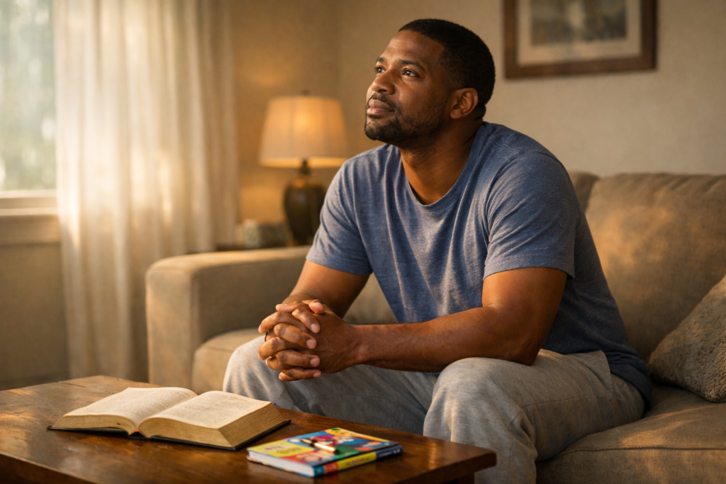 A man sits thoughtfully on the edge of a sofa in a peaceful, sunlit living room, with an open Bible and a child’s toy on the table behind him, reflecting a quiet moment of prayer, clarity, and love-led leadership.