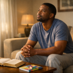 A man sits thoughtfully on the edge of a sofa in a peaceful, sunlit living room, with an open Bible and a child’s toy on the table behind him, reflecting a quiet moment of prayer, clarity, and love-led leadership.