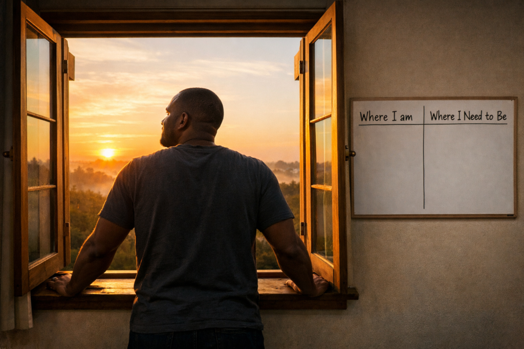 A man standing at an open window facing the sunrise, with his hands resting on the bevel, and a whiteboard behind him that reads “Where I Am” and “Where I Need to Be.