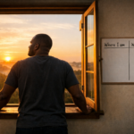 A man standing at an open window facing the sunrise, with his hands resting on the bevel, and a whiteboard behind him that reads “Where I Am” and “Where I Need to Be.