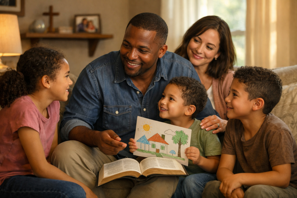A father sits with his family, holding an open Bible and gently guiding his children in a calm, loving home setting