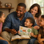 A father sits with his family, holding an open Bible and gently guiding his children in a calm, loving home setting
