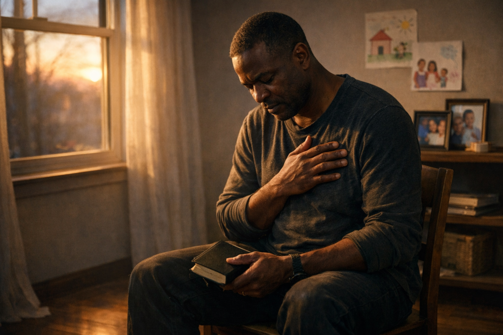A man sits alone near a window in soft morning light, head slightly bowed with one hand on his chest and a Bible in his lap, reflecting quietly in a moment of deep personal honesty, with faint signs of family life in the background.