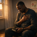 A man sits alone near a window in soft morning light, head slightly bowed with one hand on his chest and a Bible in his lap, reflecting quietly in a moment of deep personal honesty, with faint signs of family life in the background.