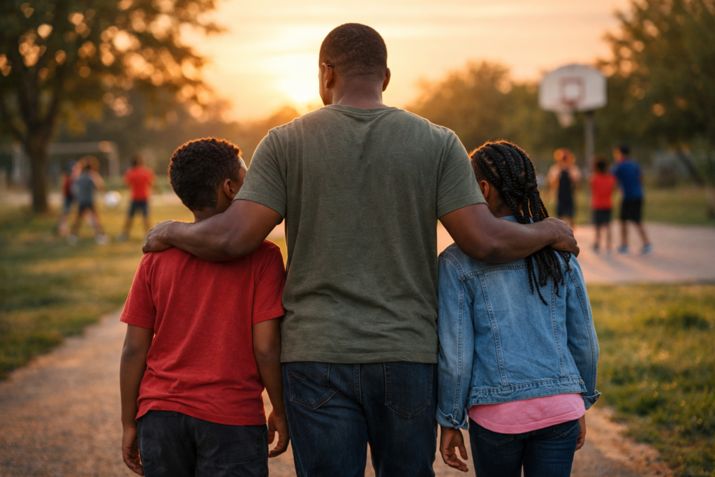 A father walks between his two child along a quiet path, resting gentle hands on each child’s shoulder as they talk, with other children faintly visible in the background, playing — showing guidance, care, and wisdom in choosing friendships.