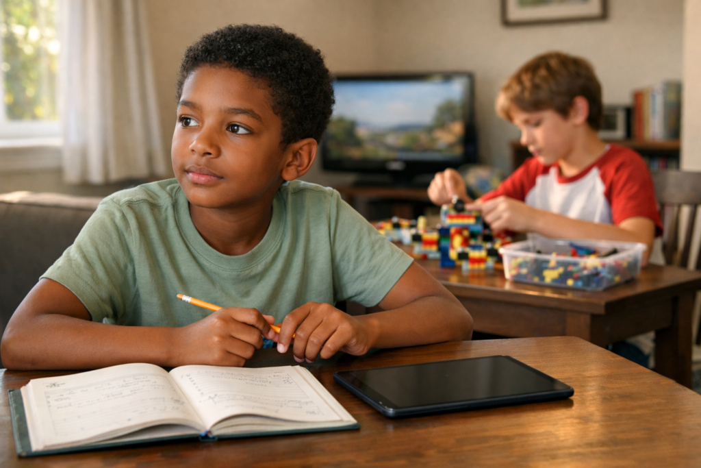 Two children sit at a table with a tablet placed in front of one child and a workbook open beside it, while the other child in the background has a TV on beside him, but chooses to build with a LEGO set, showing thoughtful choice and balanced use of digital technology.
