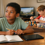 Two children sit at a table with a tablet placed in front of one child and a workbook open beside it, while the other child in the background has a TV on beside him, but chooses to build with a LEGO set, showing thoughtful choice and balanced use of digital technology.