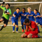 A young football player kneels on the pitch with his face covered after missing a penalty, while the opposing goalkeeper jumps in celebration holding the ball as teammates run toward them cheering in warm afternoon sunlight.