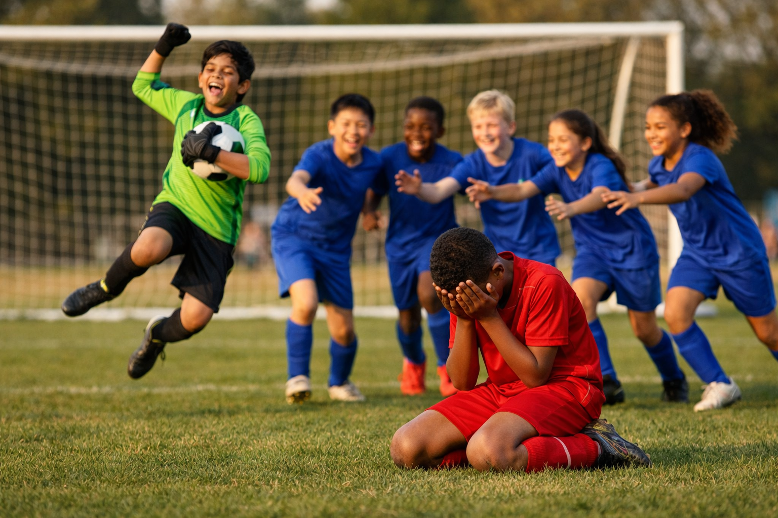 A young football player kneels on the pitch with his face covered after missing a penalty, while the opposing goalkeeper jumps in celebration holding the ball as teammates run toward them cheering in warm afternoon sunlight.