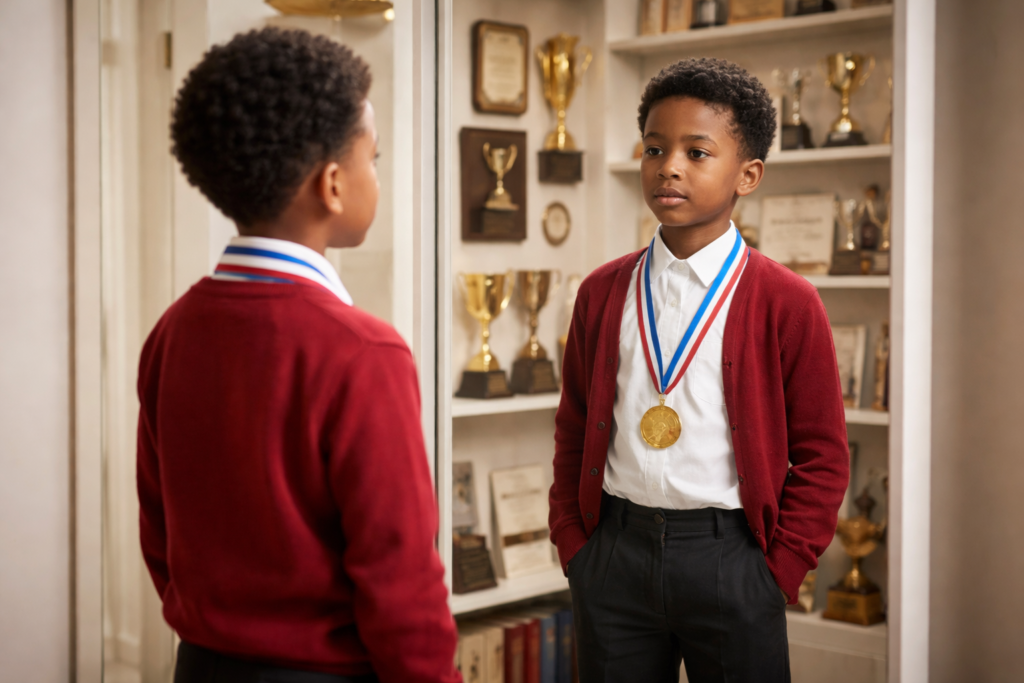 A young school-age boy standing calmly in front of a full‑length mirror wearing a school uniform and a gold medal. In the mirror’s reflection, shelves and walls behind them are filled with trophies, plaques, certificates, and other awards, while the child looks at their own reflection with a thoughtful, neutral expression.
