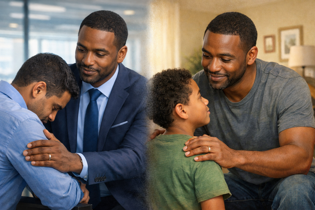 Split scene showing the same man encouraging others: in a corporate office he comforts a colleague with a hand on their shoulder, and at home in casual clothes he gently supports his child in the same manner — expressing consistent character in both public and private life.