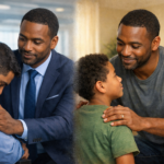 Split scene showing the same man encouraging others: in a corporate office he comforts a colleague with a hand on their shoulder, and at home in casual clothes he gently supports his child in the same manner — expressing consistent character in both public and private life.