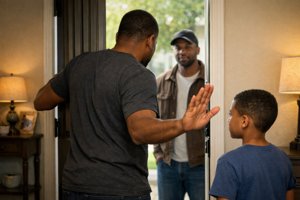 A man stands at a half-open front door, holding it steady while signaling his son inside the house to stay back as he speaks to someone outside.