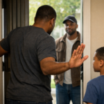 A man stands at a half-open front door, holding it steady while signaling his son inside the house to stay back as he speaks to someone outside.