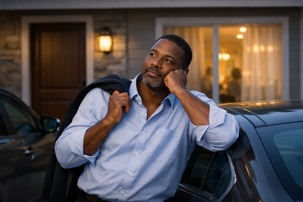 A man stands beside his parked car in the evening, pausing and resting his head on his hand as he reflects before going into his home, with warm light glowing softly from inside.