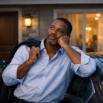 A man stands beside his parked car in the evening, pausing and resting his head on his hand as he reflects before going into his home, with warm light glowing softly from inside.