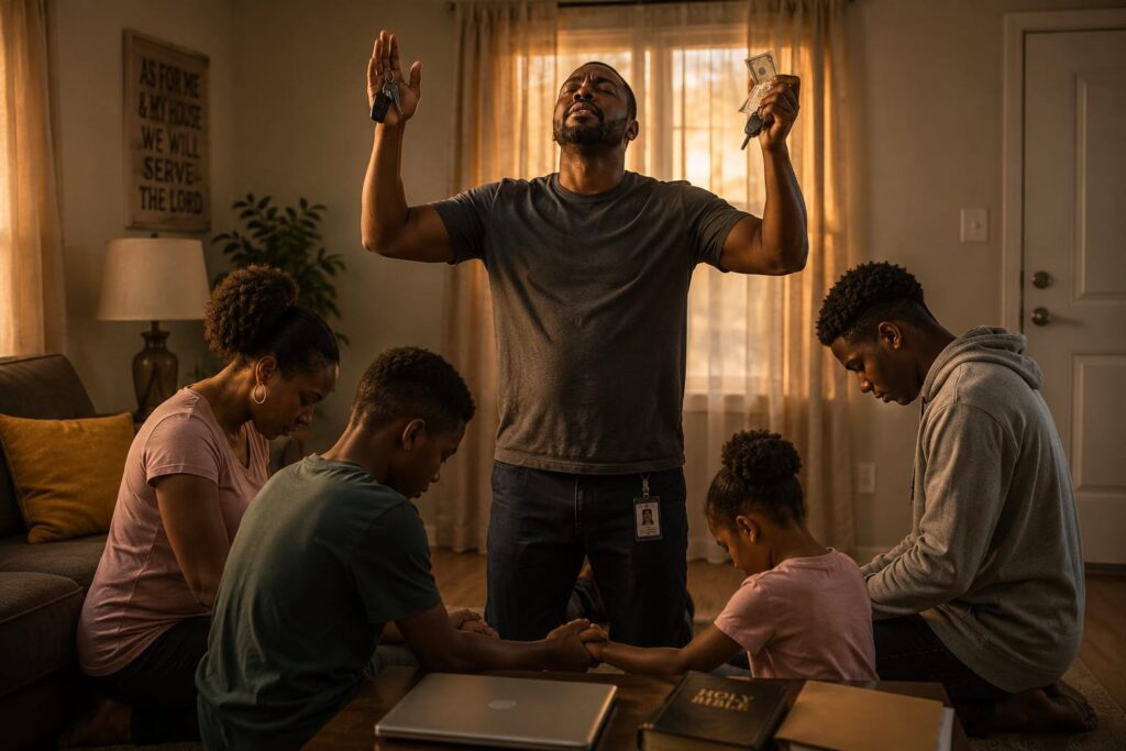 A man stands praying with his hands raised toward heaven while holding symbols of work, finances, and responsibility, as his wife and children kneel around him in prayer inside their home.