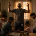 A man stands praying with his hands raised toward heaven while holding symbols of work, finances, and responsibility, as his wife and children kneel around him in prayer inside their home.