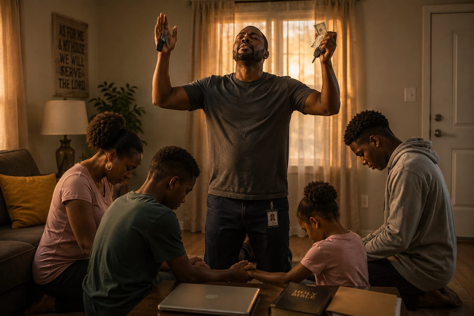 A man stands praying with his hands raised toward heaven while holding symbols of work, finances, and responsibility, as his wife and children kneel around him in prayer inside their home.