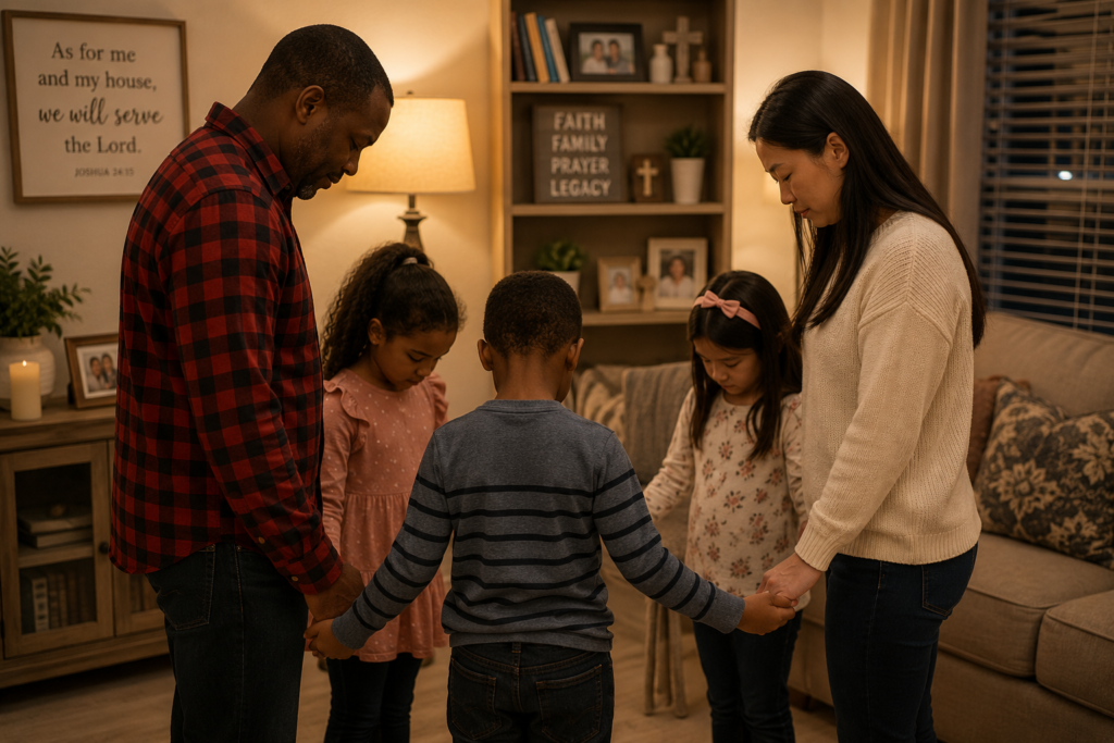 A family stand in a circle at home, holding hands with their heads bowed in prayer together.