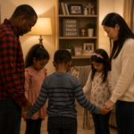 A family stand in a circle at home, holding hands with their heads bowed in prayer together.