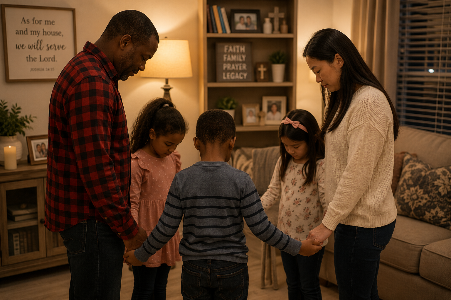 A family stand in a circle at home, holding hands with their heads bowed in prayer together.