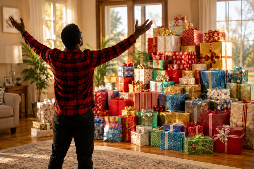 Man with arms raised in gratitude to God facing a pile of colourful gift boxes.