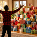 Man with arms raised in gratitude to God facing a pile of colourful gift boxes.