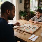 A father and son play Scrabble together at home as the father considers a higher-scoring word, despite having a bingo on his rack