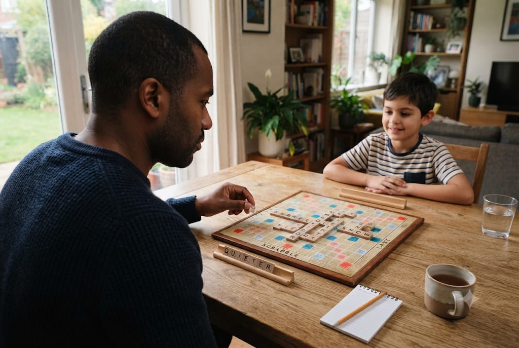 A father and son play Scrabble together at home as the father considers a higher-scoring word, despite having a bingo on his rack