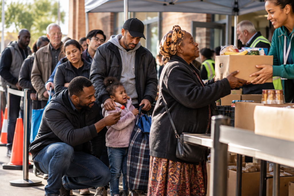 People wait frustratingly in line for food supplies as a man also in the queue happily comforts the crying child of another person, depicting not losing ourselves while we wait.