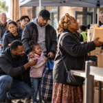People wait frustratingly in line for food supplies as a man also in the queue happily comforts the crying child of another person, depicting not losing ourselves while we wait.